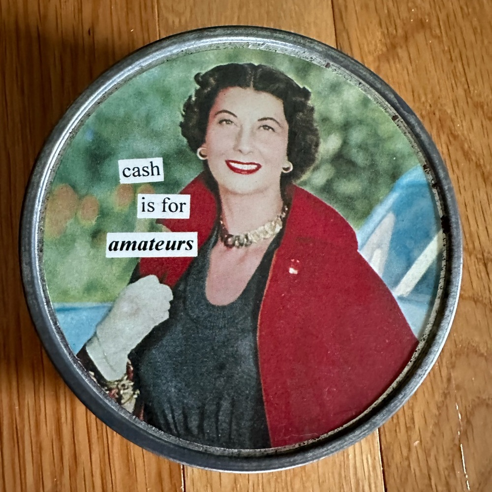 Vintage Anne Taintor retro in tin  6 seasoned shopper coasters w/ cork backing.